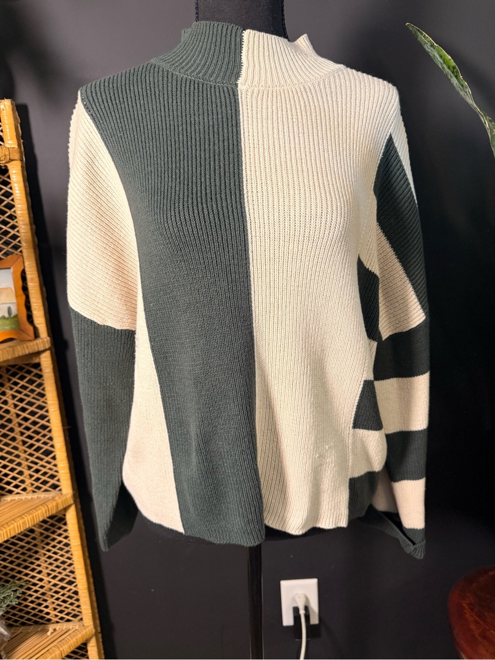 Blu Pepper Two-Tone Mock Neck Sweater in Cream & Dark Green